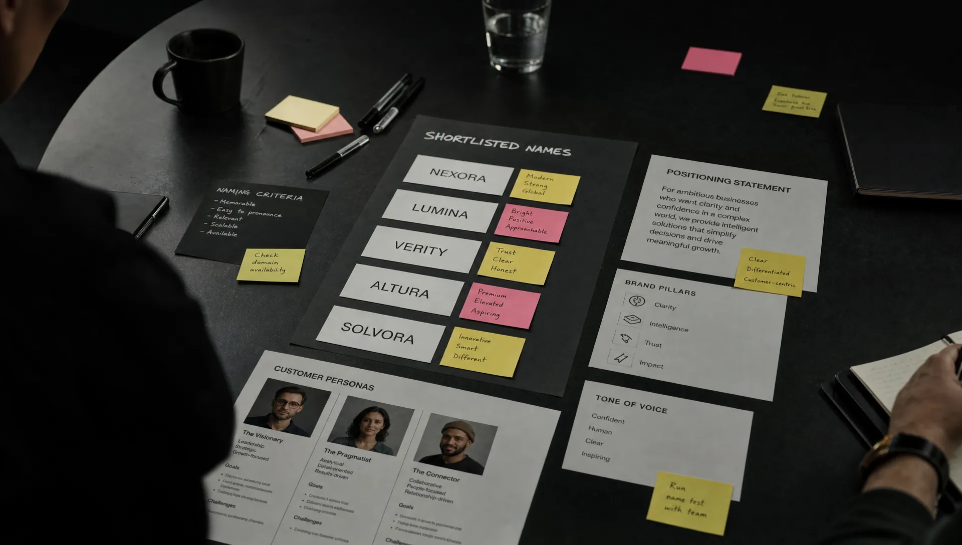 A startup naming workshop table with sticky notes, shortlisted brand names, customer personas and positioning statements spread across a dark work surface.