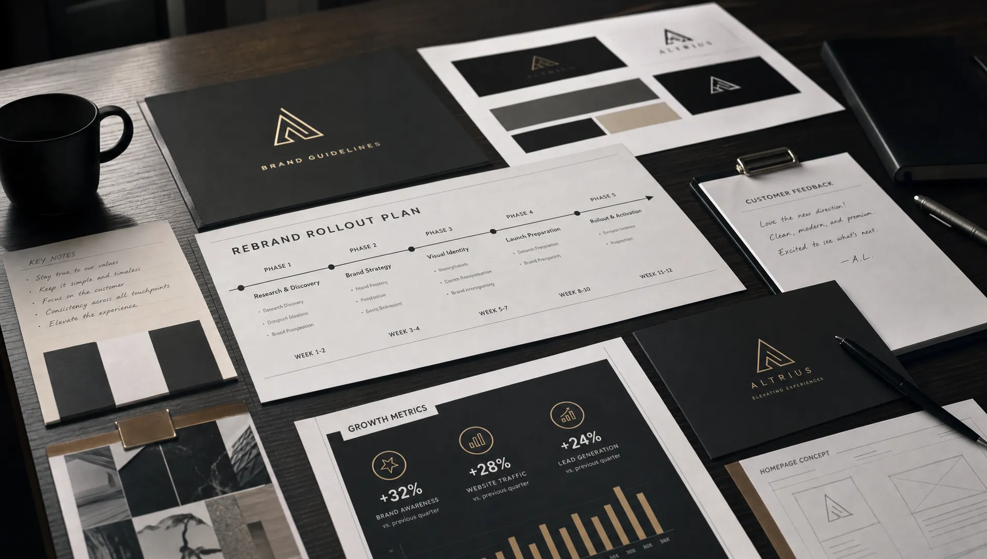 Printed brand assets, campaign timelines, customer notes, and growth metrics spread across a table for a rebrand rollout plan.