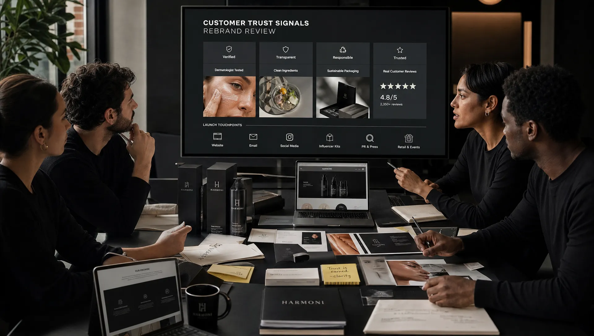 A product team reviews customer trust signals for a rebrand, with packaging samples, screens facing the viewer, notes, and launch touchpoints spread across a table.