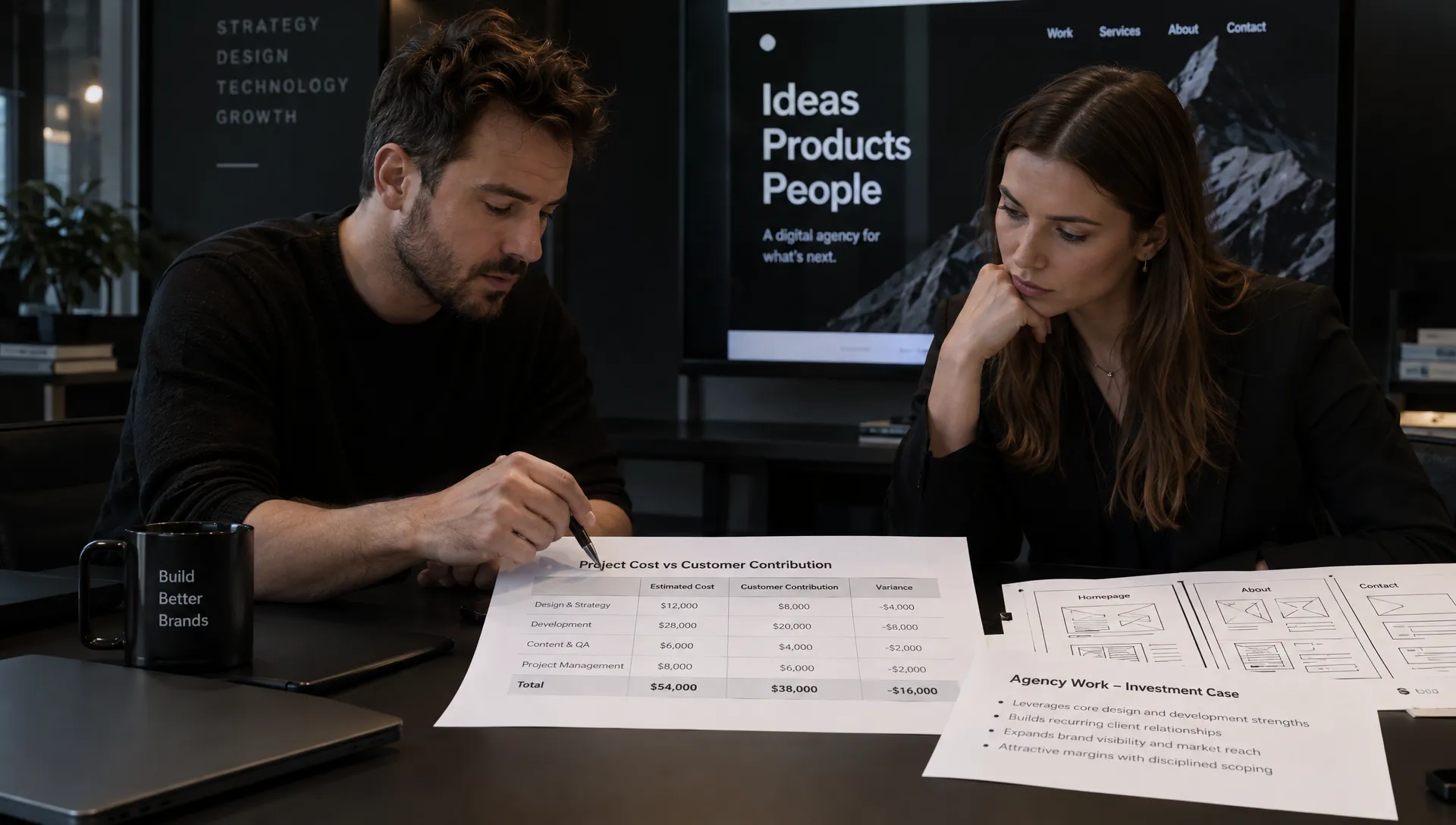 A founder and finance lead compare project costs and customer contribution assumptions on a printed investment worksheet beside website sketches, assessing the case for agency work.