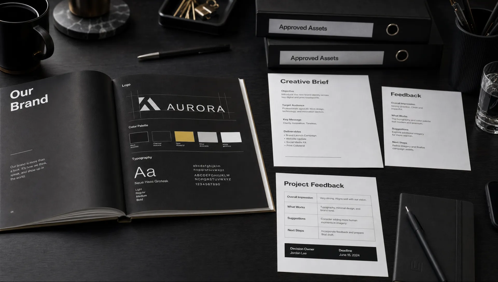 An open brand guidelines booklet, approved asset folders, a creative brief, and a feedback sheet with a named decision owner and deadline arranged on a shared project table.