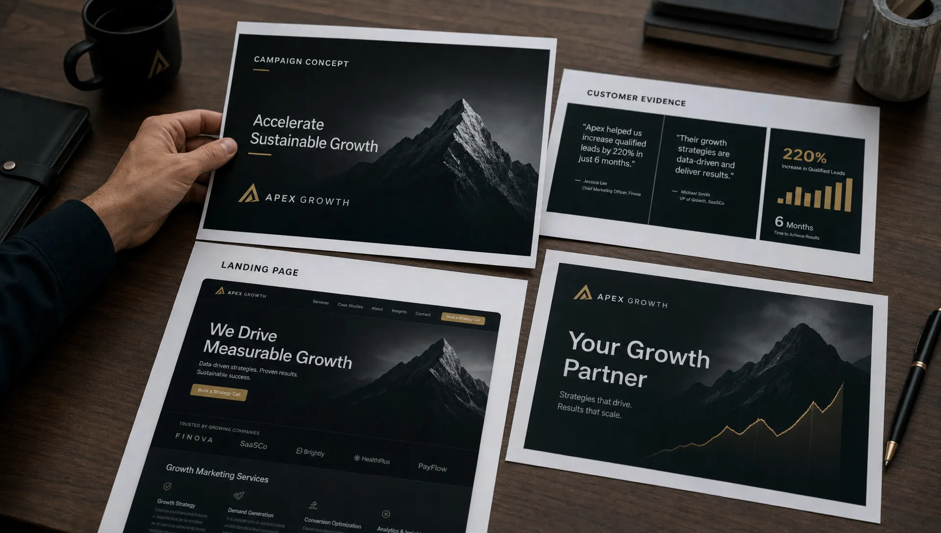 A hand reviews growth branding materials laid out on a table, comparing a campaign concept, customer evidence, a landing page printout and a sales presentation for consistent messaging and recognizable brand assets.