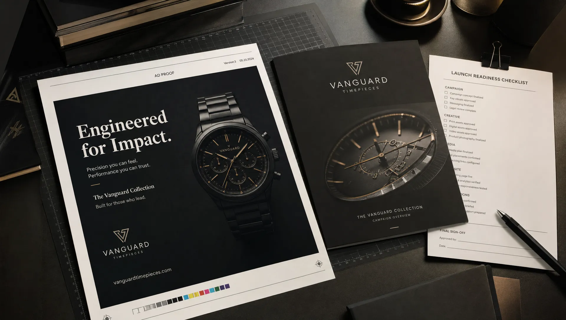 Printed campaign materials on a worktable, including an ad proof, a matching brochure and a launch-readiness checklist.