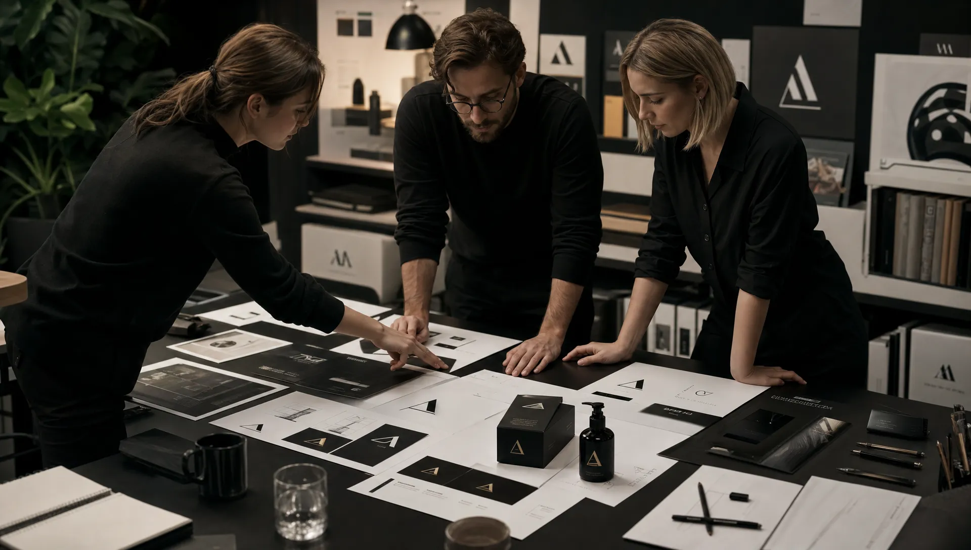 A design team compares existing and updated logo shapes, color combinations, and product mockups on a worktable.