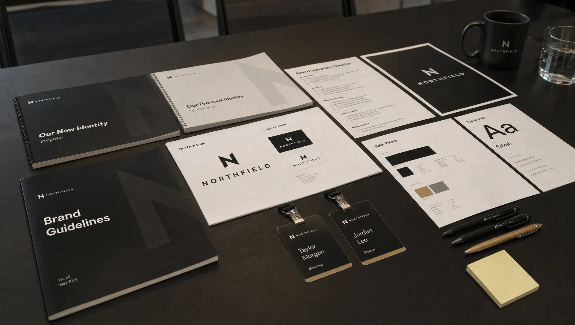 Printed workshop materials for rebranding corporate identity sit on a table with proposal covers, badges, a brand guidelines booklet, and a checklist.
