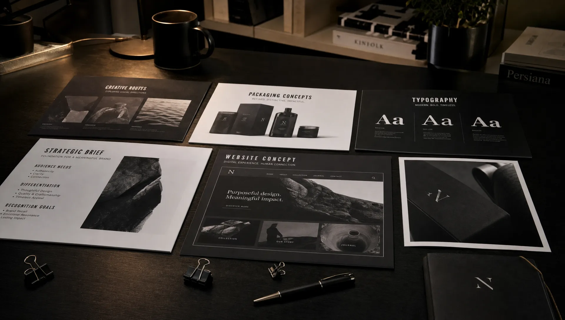 Printed creative routes, packaging concepts and website pages sit beside a brief for rebranding graphic design.