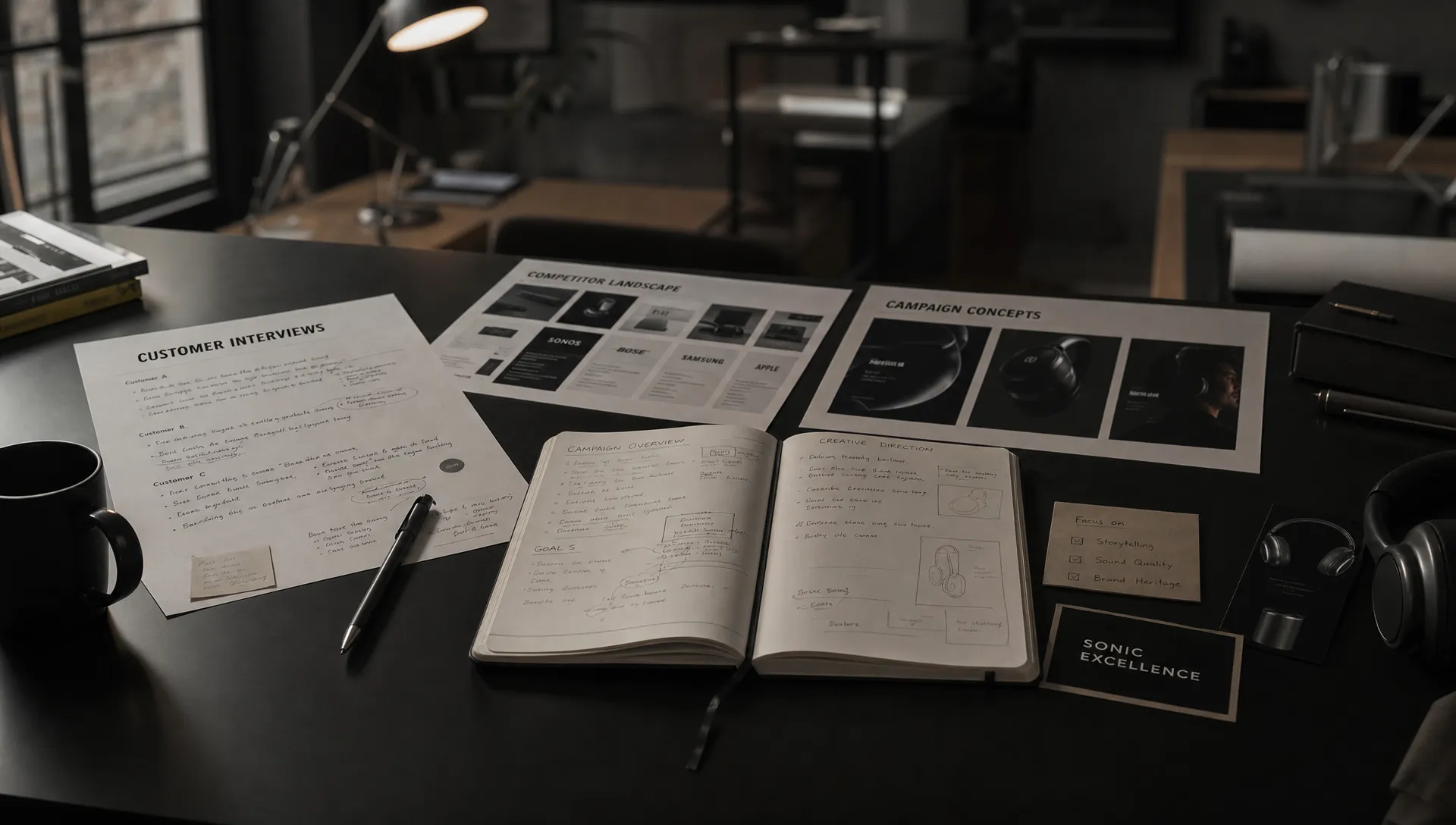 Customer interview notes, competitor printouts, and campaign concepts spread across a workshop table for a branding decision.