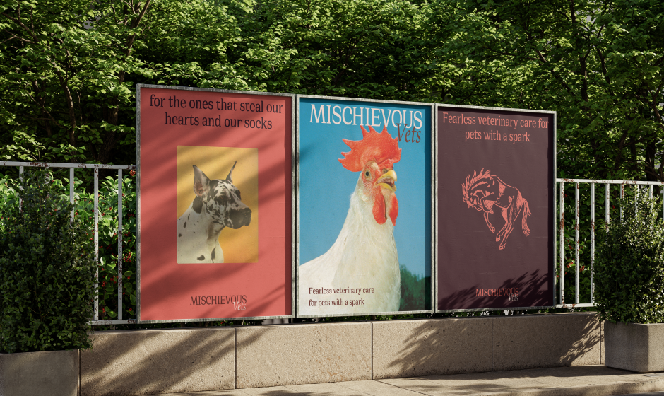 Mischievous Vets, A rebellious Veterinary Clinic: here you can see a mockup of a possible street poster ad, The background is a park, while the posters are fun with different campaign items. 