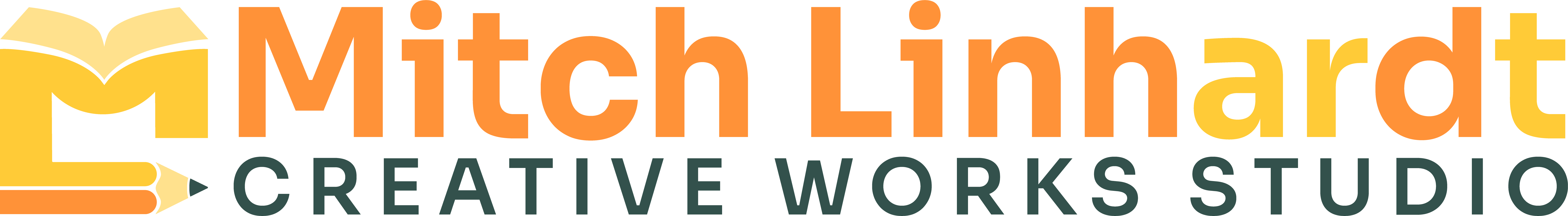 Logo of Mitch Linhardt Creative Works Studio featuring an open book forming an 'M' shape above a pencil, with the name 'Mitch Linhardt' in orange and yellow gradient text and 'Creative Works Studio' in dark green below.