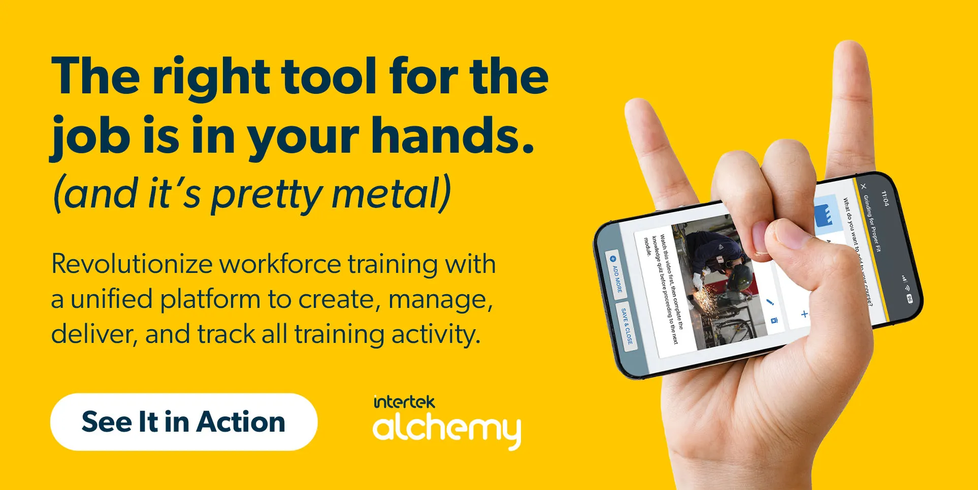 Hand making a "metal" gesture, holding a smartphone displaying workforce training software, with text about revolutionizing training and a call to action button.