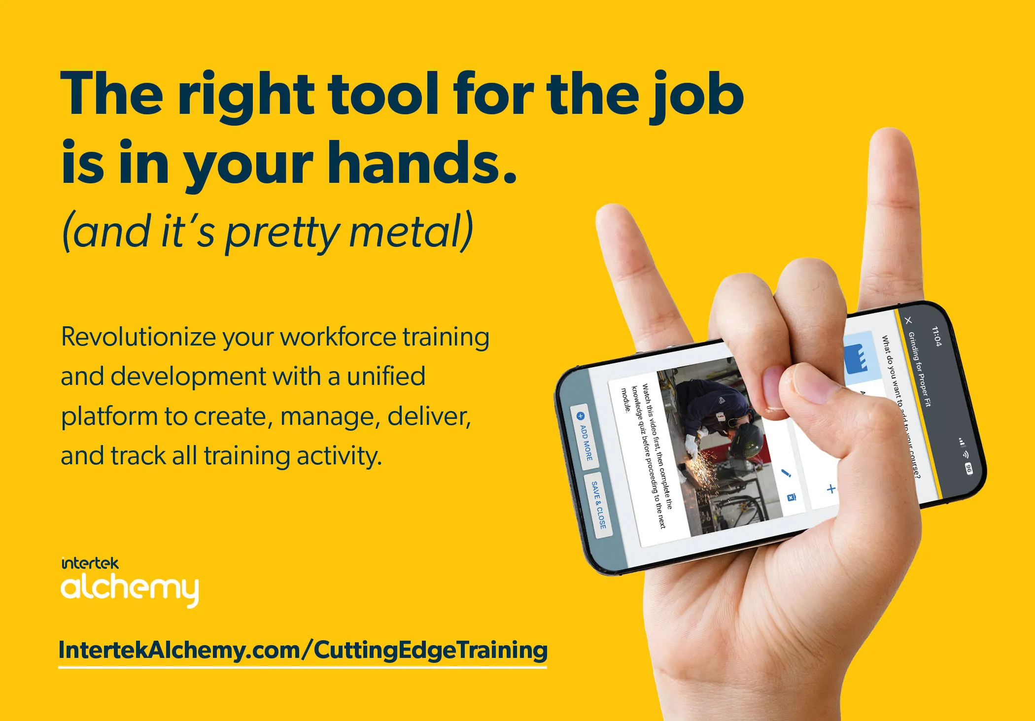 Hand holding a smartphone displaying a training module, with text promoting Intertek Alchemy's unified platform for workforce training and development.