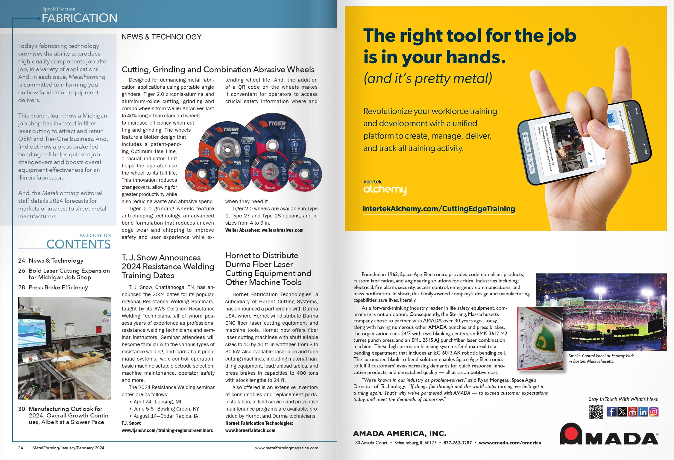 Two-page magazine spread from MetalForming Magazine with industry-related articles and advertisements, features a bold yellow ad that stands out from the others, promoting workforce training with a hand holding a phone and company website URL.