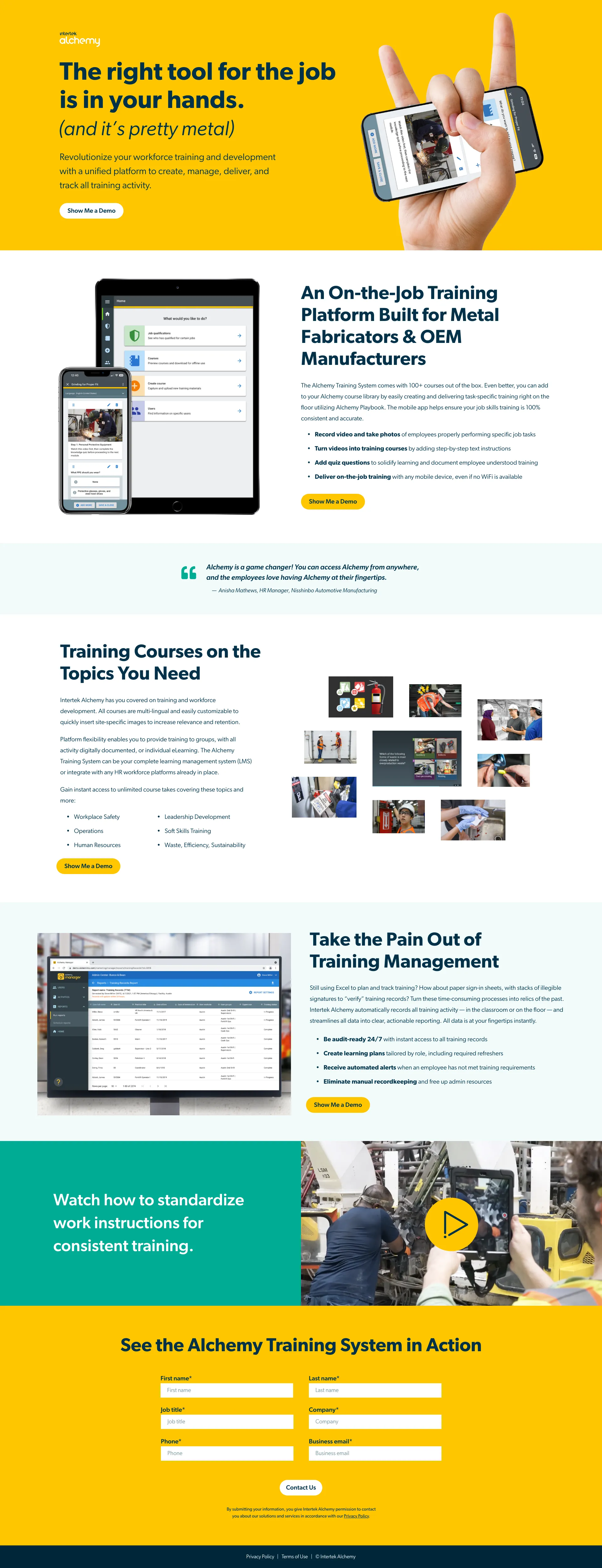 Alchemy workforce training platform landing page highlighting on-the-job training tools, course topics, training management features, and a contact form.