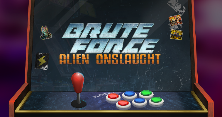 Arcade-style main screen and game logo of Brute Force: Alien Onslaught slot by Nolimit City – Flush