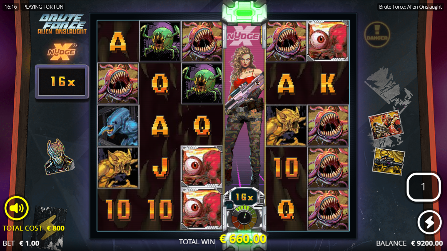 Stellar Punishment spins in Brute Force: Alien Onslaught slot by Nolimit City with 16x xNudge Wild – Flush