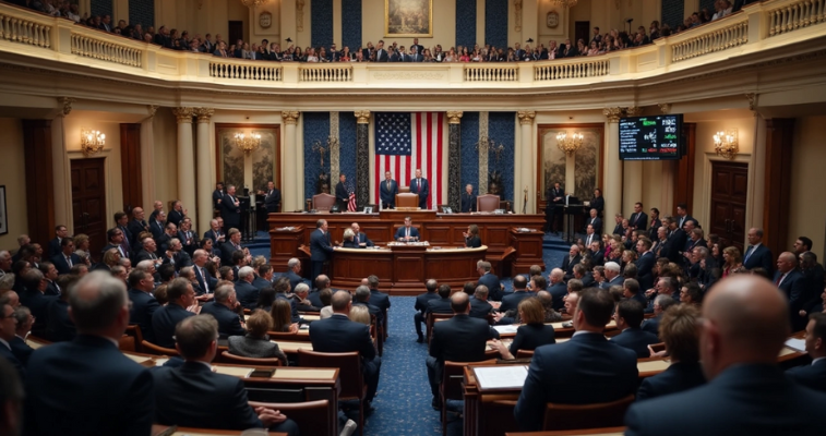 U.S. congressional chamber with lawmakers and flag, marking House passage of crypto bills: GENIUS, CLARITY, Anti-CBDC
