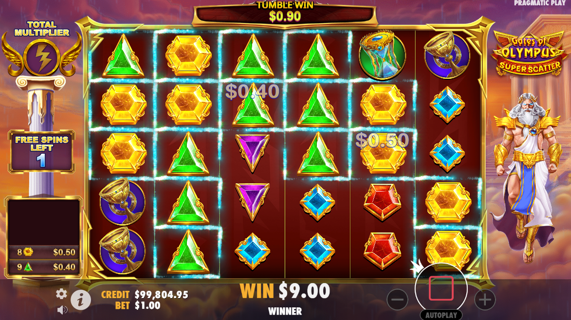 Gates of Olympus Super Scatter slot by Pragmatic Play free spins bonus round - Flush