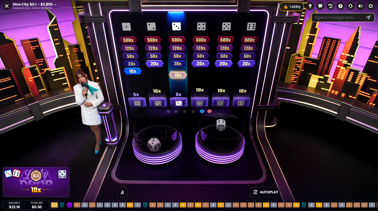 Dice City by Pragmatic Play Live Casino: Lucky Drop Bonus game - Flush