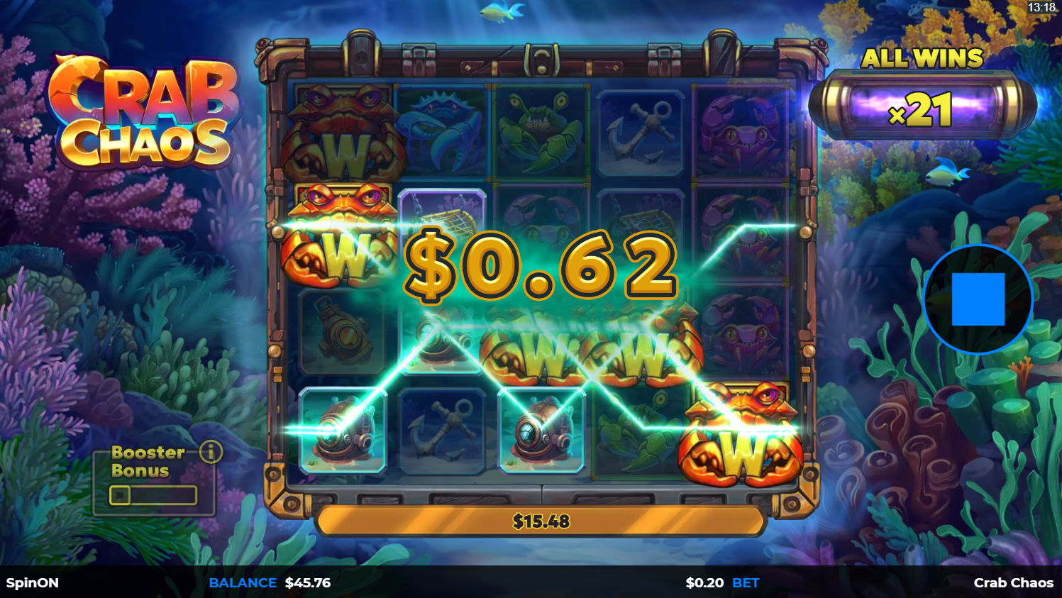 Crab Chaos Slot by Yggdrasil - Crab Free Spins Bonus with Wilds, high pays, and multiplier - Flush
