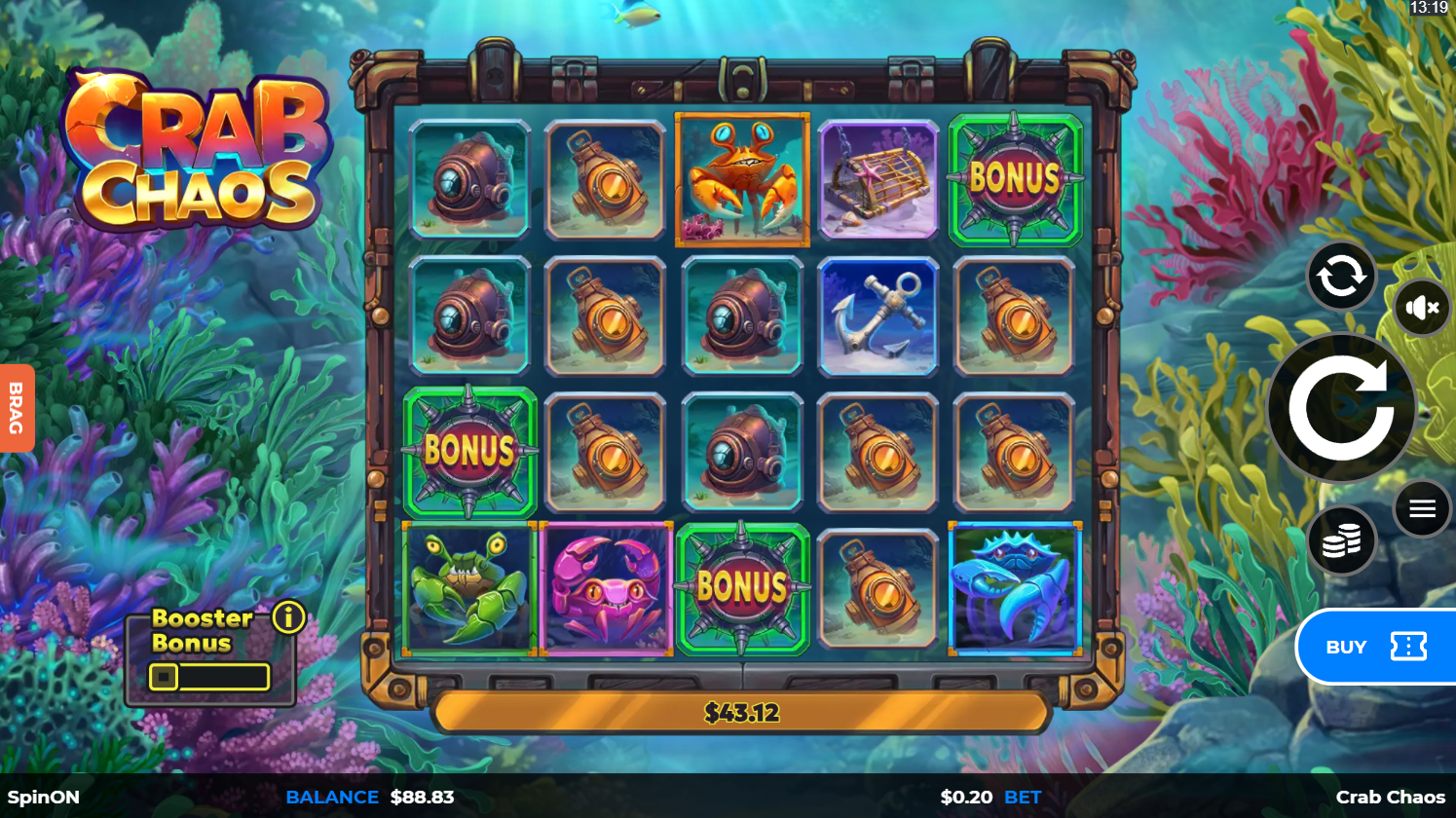 Crab Chaos Slot by Yggdrasil - Base game with bonus, high and low paying symbols on reels - Flush