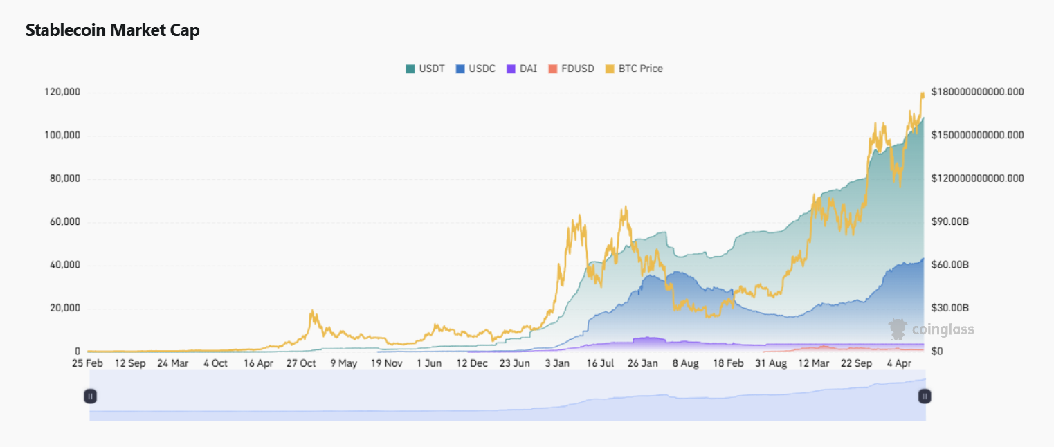 Coinglass line chart comparing USDT, USDC, DAI and BTC Marketcap progression - Flush