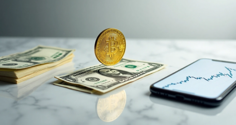 US dollars, Bitcoin golden coin and smarphone with bar chart symbolizing stablecoins and crypto - Flush