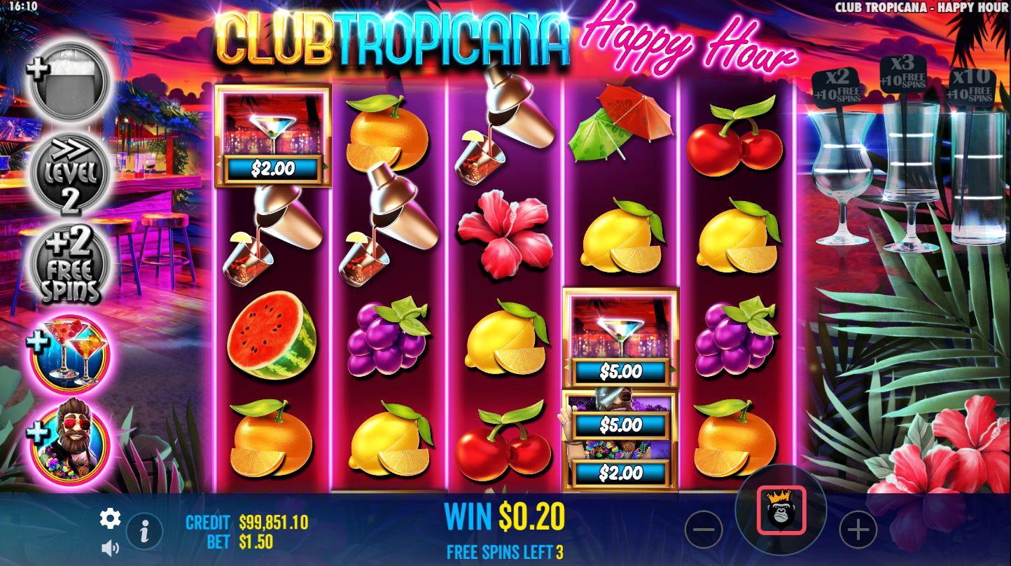 Free spins bonus of the Club Tropicana Happy Hour slot by Pragmatic Play with multipliers and cocktail symbols - Flush