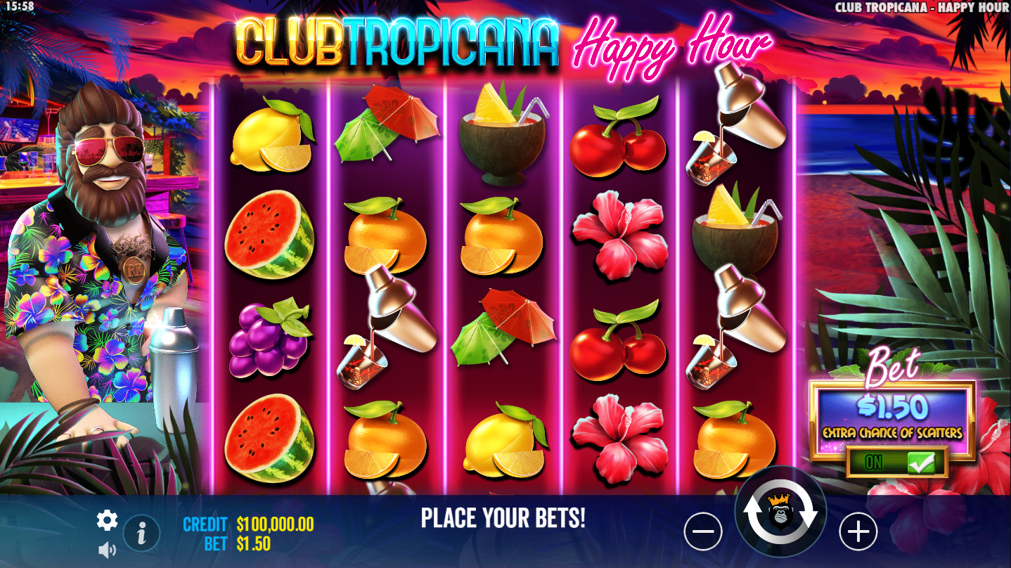 Base game of the Club Tropicana Happy Hour slot by Pragmatic Play with high and low-paying symbols across the reels - Flush