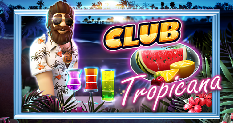 Main tropical beach night background of the Club Tropicana Happy Hour slot by Pragmatic Play, with logo and bartender - Flush