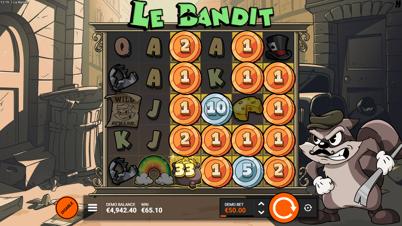 Le Bandit online slot by Hacksaw Gaming, golden squares, coins, rainbow and gold pot collection for big wins - Flush