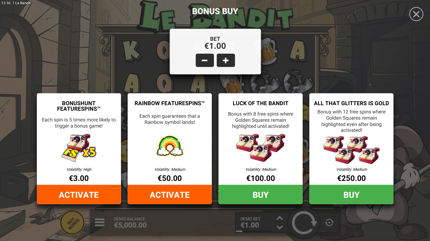 Le Bandit online slot by Hacksaw Gaming - Bonushunt & Rainbow featurespins and free spins modes - Bonus buy feature - Flush