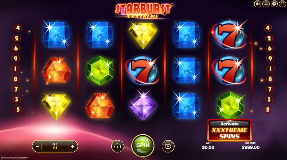 Starburst XXXtreme slot by NetEnt: Base game in action with high and low paying symbols on the reels - Flush.