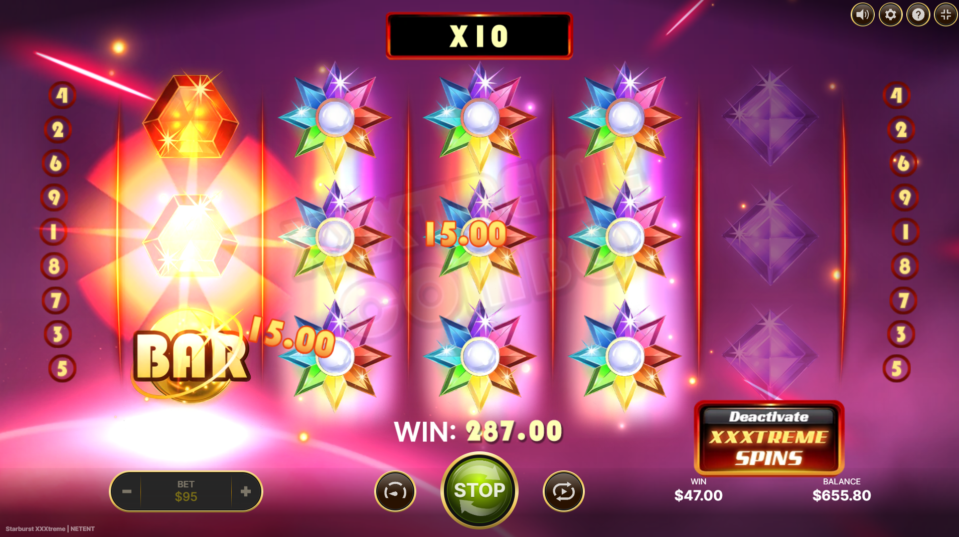 Starburst XXXtreme slot by NetEnt: The XXXtreme Spins bonus feature in action, showing guaranteed wilds - Flush.