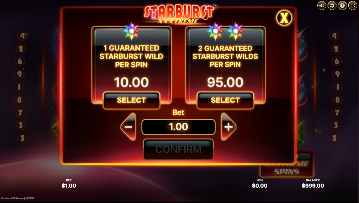 Starburst XXXtreme slot by NetEnt: Bonus buy menu offering 1 or 2 guaranteed Starburst Wilds per spin - Flush.