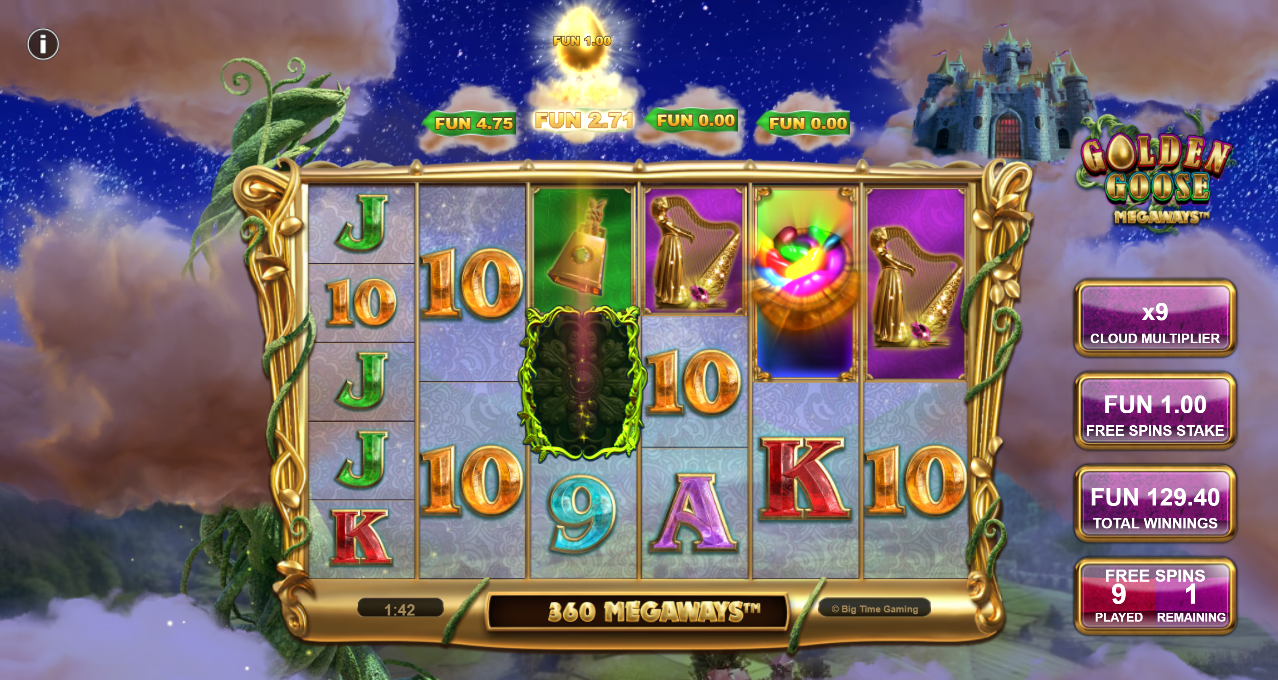 Golden Goose Megaways slot by Big Time Gaming, during the free spins bonus with a multiplier and Cloud Prizes - Flush
