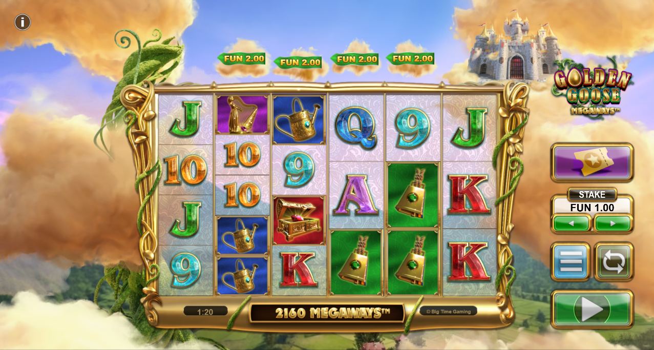 Golden Goose Megaways slot by Big Time Gaming, with high and low-paying symbols on the reels - Flush