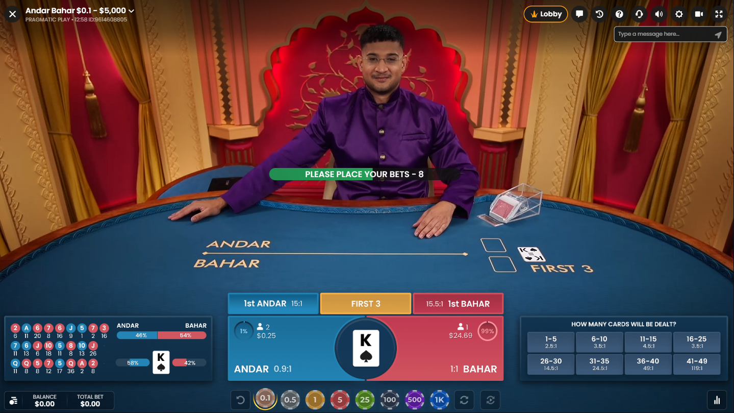 Andar Bahar Live Casino Game by Pragmatic Play during bet phase with Joker card displayed - Flush