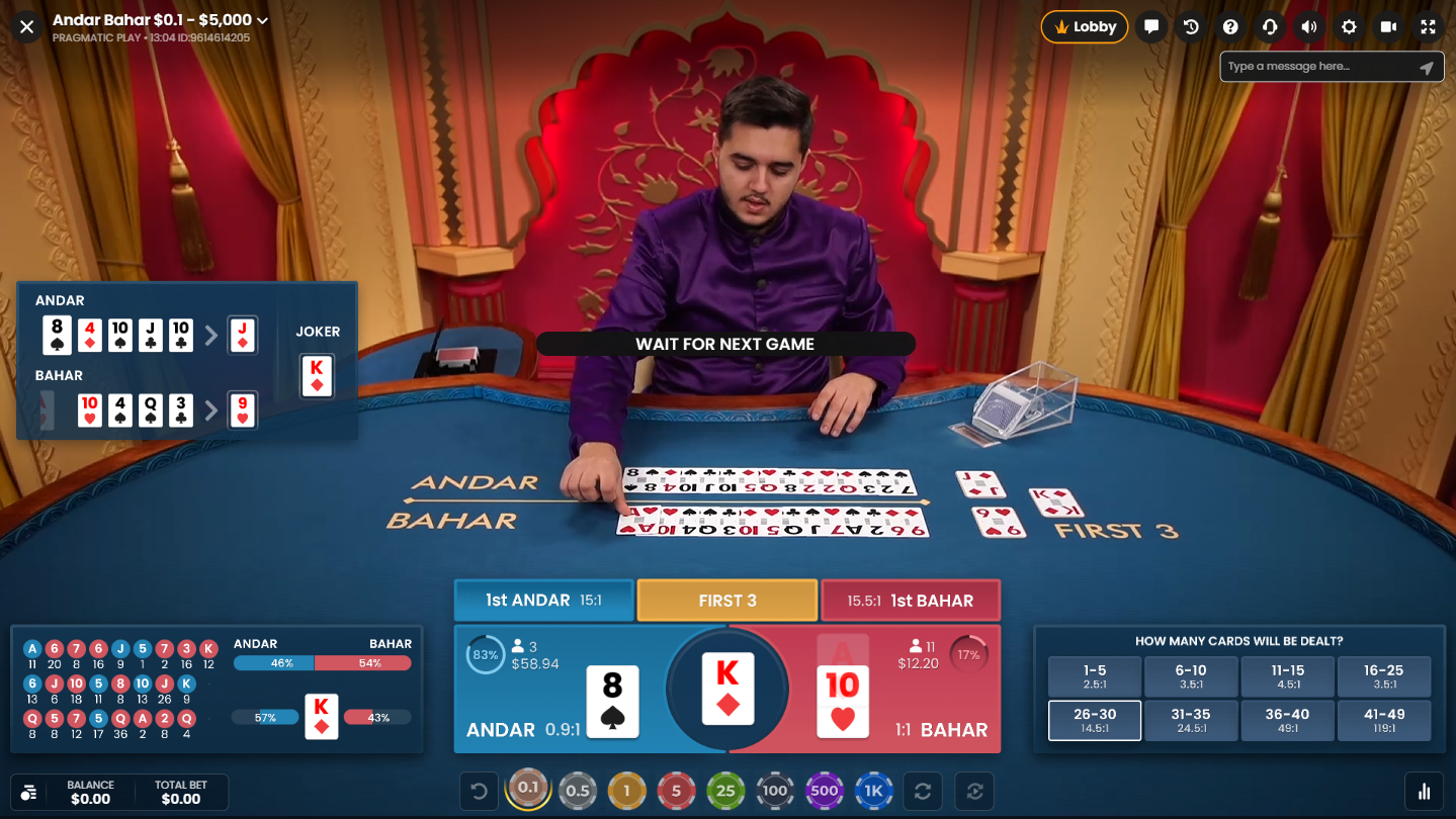 Andar Bahar Live Casino Game by Pragmatic Play in long round with many cards on table - Flush