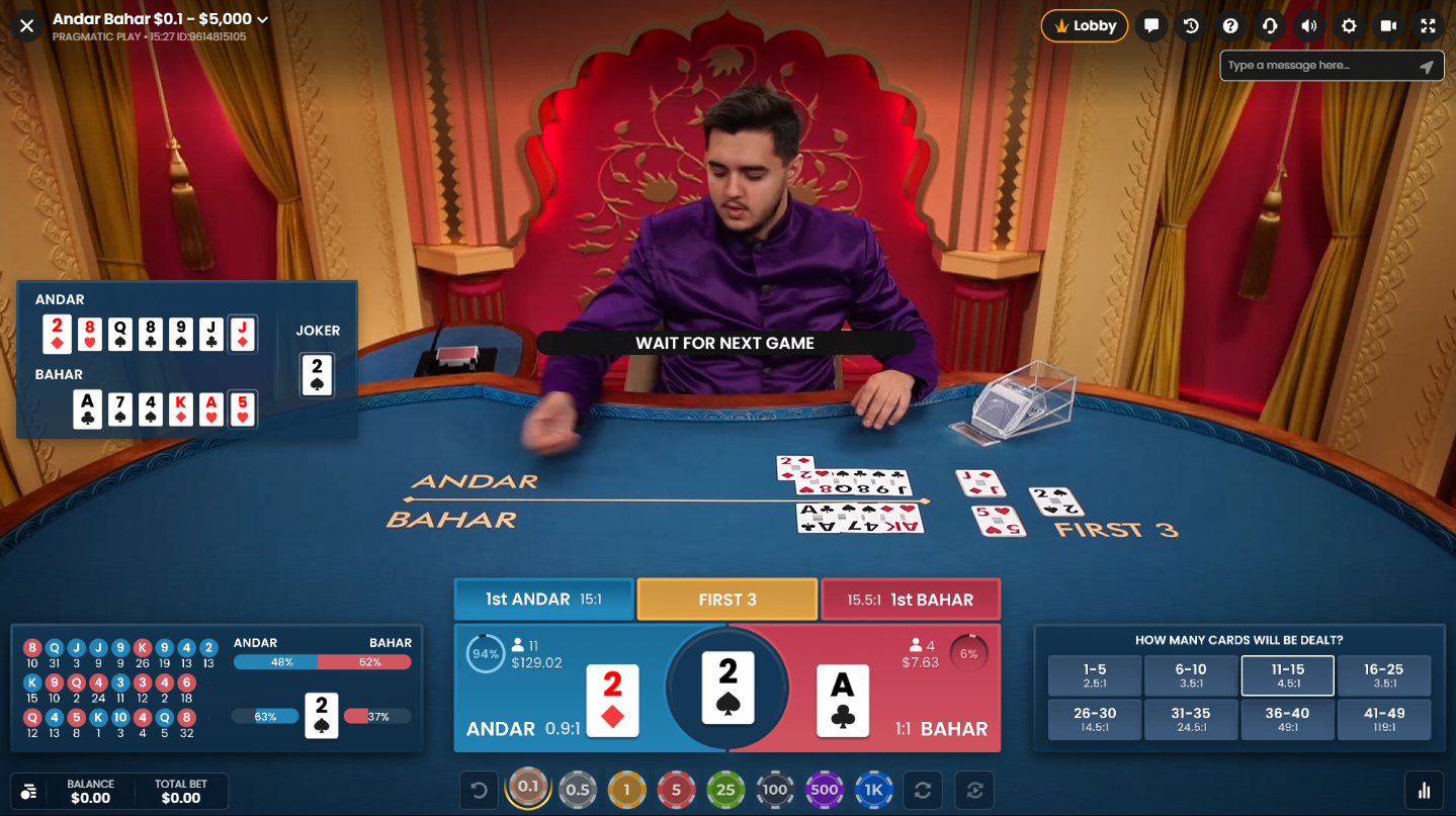 Andar Bahar Live Casino Game by Pragmatic Play showing Andar hand winning the round - Flush