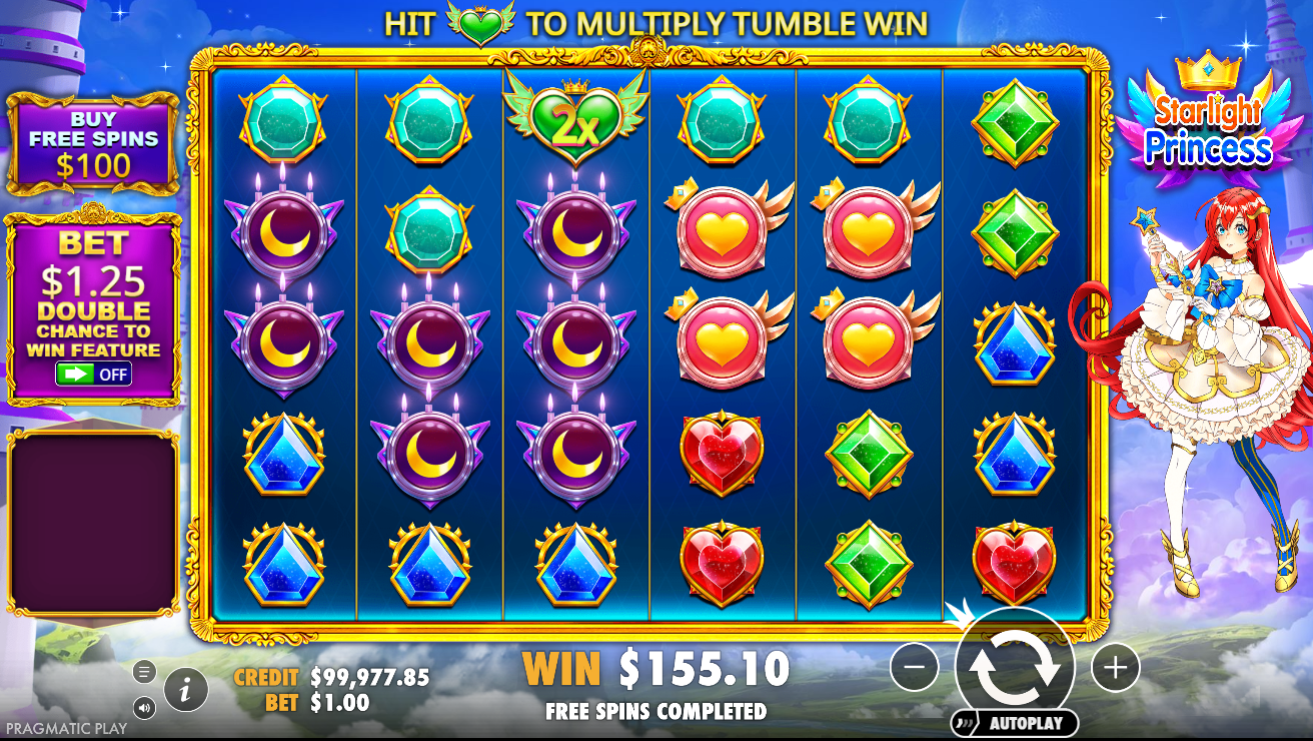 Starlight Princess Slot, base game reels showing high and low symbols on reels - Pragmatic Play- Flush