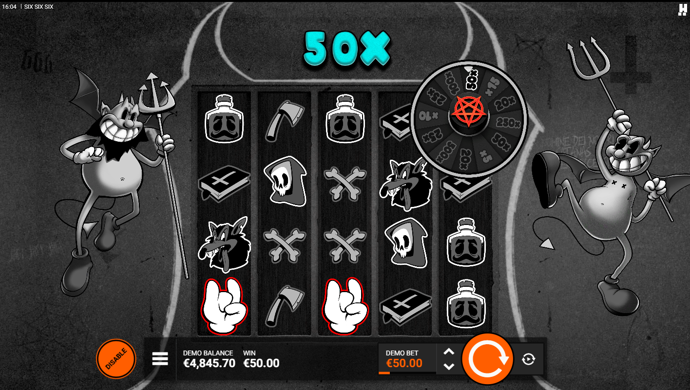 The Red Wicked Wheel bonus multiplier feature in the Six Six Six slot by Hacksaw Gaming - Flush.