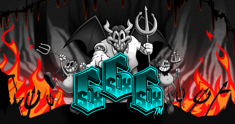 Six Six Six slot by Hacksaw Gaming, showing the game's logo, devilish characters, and hellish background - Flush