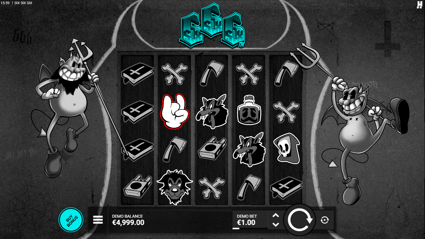 The Six Six Six slot by Hacksaw Gaming base game with various high and low paying symbols on the reels - Flush.