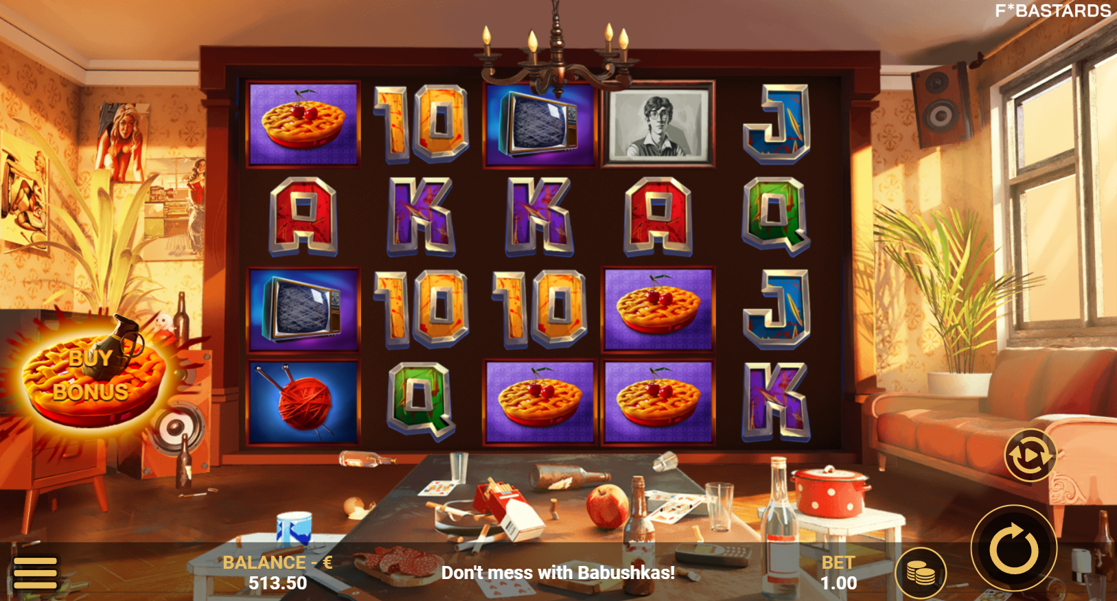 Bad Babushkas slot by F*Bastards during base gameplay showing high and low paying symbols - Flush