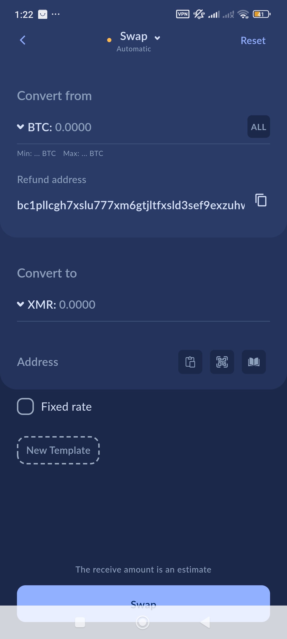 Cake Wallet swap feature, converting BTC to XMR with a refund address option - Flush