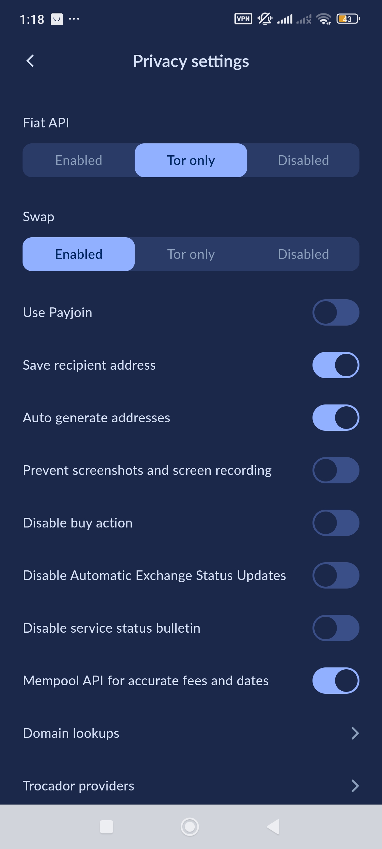 Cake Wallet Privacy settings menu showing Tor routing for swaps and fiat API features - Flush