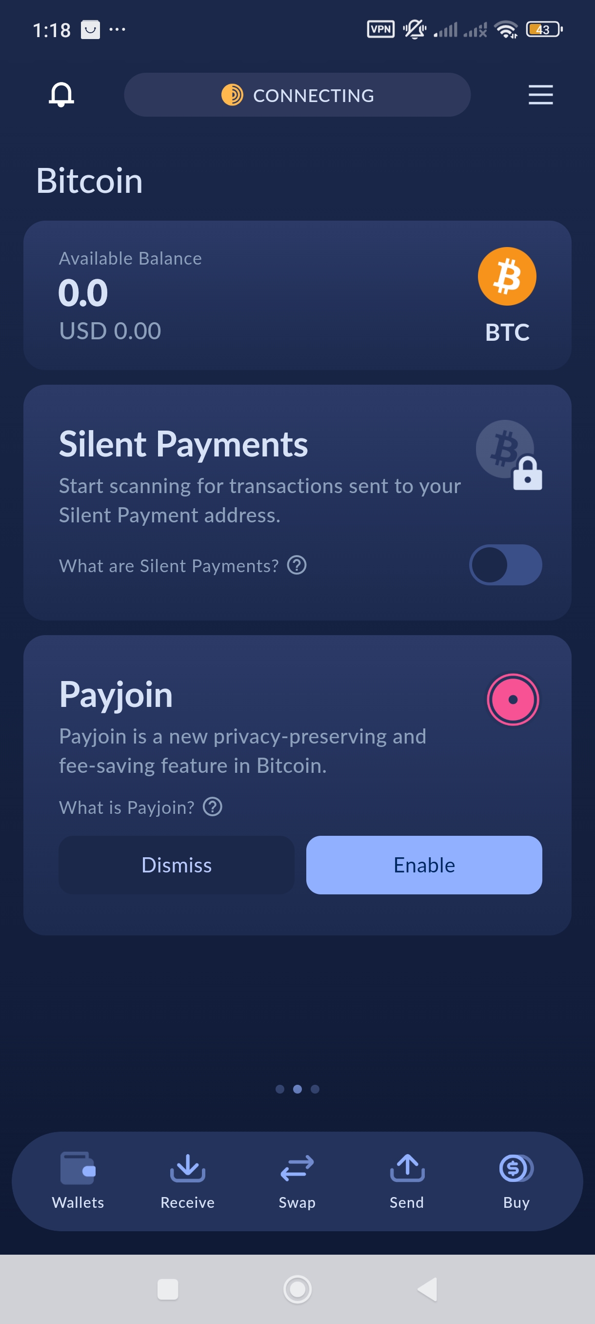 Main Cake Wallet dashboard showing a Bitcoin address and Silent Payment scan option - Flush
