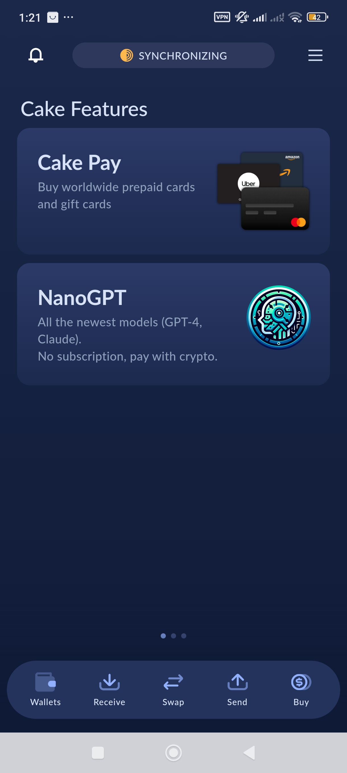 Cake Wallet features menu showcasing Cake Pay gift cards and Nano GPT for AI models access, paid in crypto - Flush