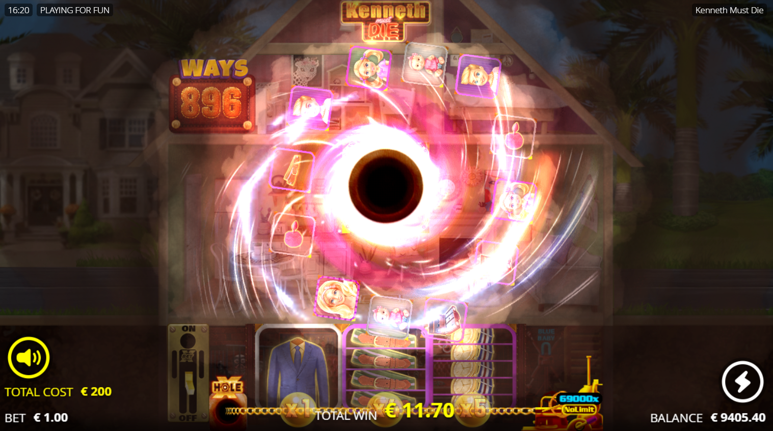 Kenneth Must Die slot - xHole mechanic pulling symbols into void - Nolimit City - Flush 