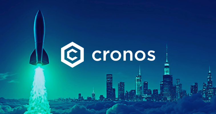CRO Cronos chain logo with a rocket launch background view - Flush